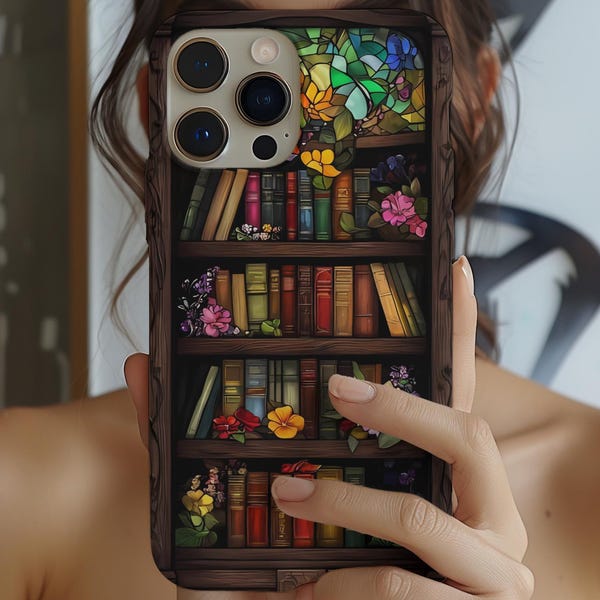 Funda para teléfono con vitral floral y temática de lectura en estantería, para iPhone, Pixel y Samsung.
