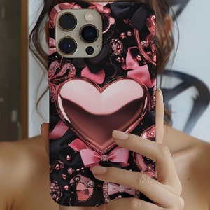 Bling Pink Heart Phone Case with Black Bows,  Mosaic Cover iPhone, Galaxy, Pixel