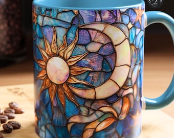Celestial Moon and Stars Mug: Faux Stained Glass Ceramic Coffee Cup Astrology Crescent Moon
