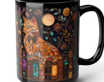 Vintage Faux Stained Glass Cat Mug, Book Lover Gift  Reading Coffee Cup