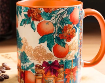 Literary Coffee Mug Orange Vintage Bookish Floral Cup, Library Boho Ceramic Gift
