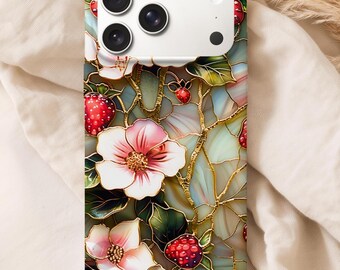 Strawberry Blossom Phone Case, Faux Stained Glass Botanical Cottagecore Floral Cover,