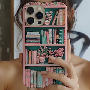 Pink Floral Bookshelf Phone Case, Vintage Bookish Flower Aesthetic, iPhone 16 15 14 13, Galaxy and Pixel Case, Cute Book Lover Gift
