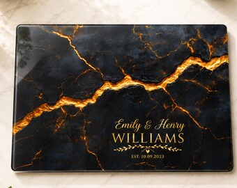 Personalized Black Marble Glass Cutting Board, Custom Family Name Kitchen Decor, Wedding Gift, Bridal Shower Present
