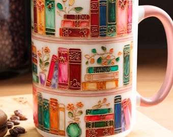 Stained Glass Style Books Mug Floral Cottagecore 15oz Ceramic Coffee Cup Aesthetic Reader Mug Book Lover gift