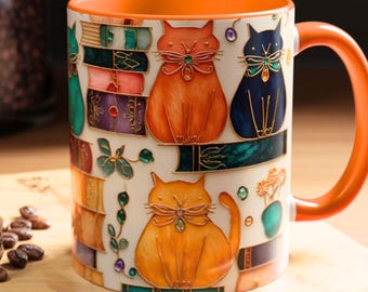 Stained Glass Look Cat Mug, Book Lover Ceramic Coffee Cup Bookish Cat Mom gift