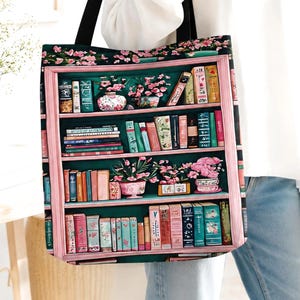 Bookish Tote Bag: Floral Pink & Green Bookshelf Canvas Tote Birthday gift
