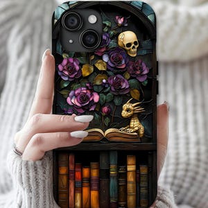 Gothic Dragon Bookshelf Phone Case: Faux Stained Glass Floral Design