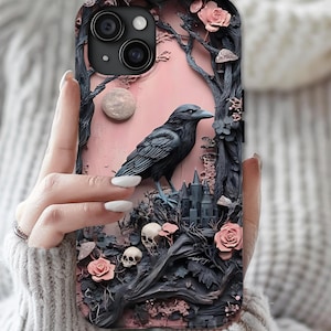 Gothic Faux Carved Raven Phone Case Pink Floral, Witchy Halloween iPhone Galaxy Pixel Cover