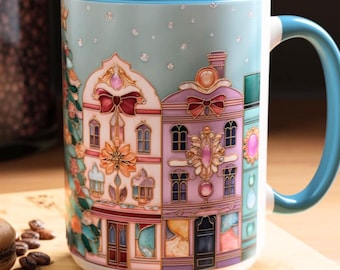 Winter Cottage Mug, Faux Stained Glass Christmas Village Cup
