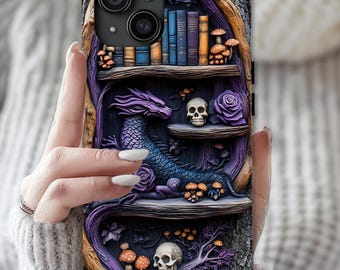Purple Dragon Bookish Phone Case, Fantasy Skull Bookshelf Cottagecore Mushrooms, Dark Academia Gift