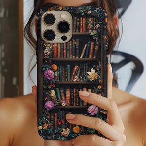 Cute Floral Bookshelf Phone Case, Book phone case, Gift for Mom, iPhone 16 15 14 13, Galaxy S25, Pixel 9, Librarian Bookish Aesthetic Design