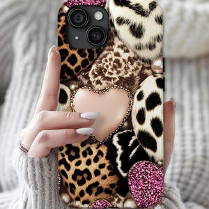 Pink Glitter Leopard Print Hearts Phone Case iPhone Galaxy Pixel,
