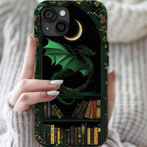 Green Dragon Bookshelf Phone Case: Fantasy Library iPhone, Galaxy, Pixel