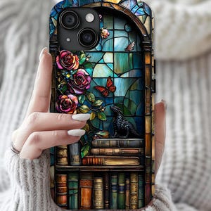 Bookish Dragon Phone Case: Fantasy Bookshelf Faux Stained Glass