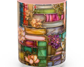 Floral Bookshelf Mug: Stained Glass Style Ceramic Cup, Gift for Book Lovers