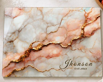 Custom Charcuterie Board, Personalized Marble Glass Cutting Board, Family Name Kitchen Gift, Realtor Closing Gift
