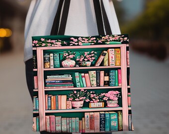 Bookish Tote Bag: Pink & Green Bookshelf Canvas Tote Birthday gift