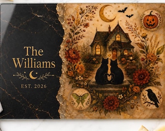 Personalized Halloween Cutting Board, Custom Family Name, Black Cat Gothic Cottagecore, Spooky Kitchen Gift