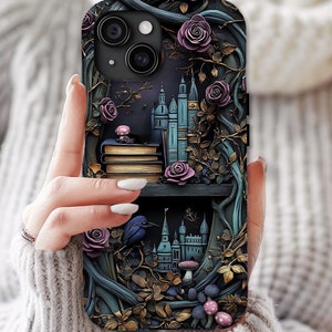 Gothic Bookshelf Floral Phone Case: Dark Academia Book Lover Gift