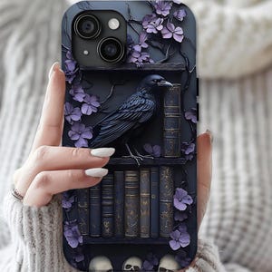 Gothic Raven Bookshelf Phone Case: Dark Academia Style iPhone Samsung galaxy Gift Book Lovers
