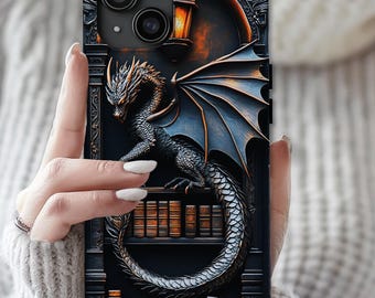 Bookish Dragon Phone Case, Fantasy Bookshelf iPhone Galaxy Pixel, Book Lover Gift