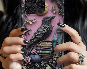 Gothic Raven Bookshelf Phone Case: Dark Academia Book Lover Gift iPhone Galaxy Pixel