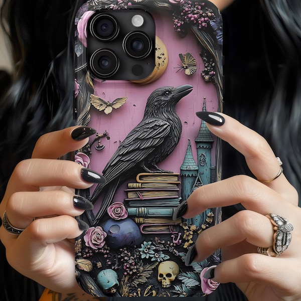 Gothic Raven Bookshelf Phone Case: Dark Academia Book Lover Gift iPhone Galaxy Pixel