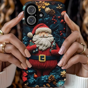Embroidered Effect Santa Phone Case, Cute Christmas Phone Case, Winter phone case, Holiday Gift Idea, iPhone 16 15 14 13, Galaxy s24, Pixel