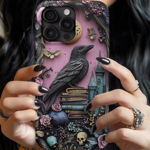 Gothic Raven Bookshelf Phone Case: Dark Academia Floral Design