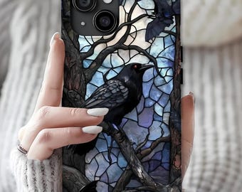 Blue Raven Faux Stained Glass Phone Case: Gothic Dark Academia