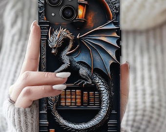 Bookish Dragon Phone Case: Fantasy Bookshelf Design