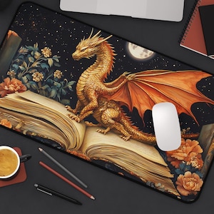 Bookish Dragon Desk Mat, Fantasy Lover Mouse Pad, Gamer Gift, Medieval Gaming Mousepad, Dark Academia Office Decor, Large Desk Accessory