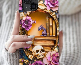 Dragon Fantasy Phone Case Bookshelf Faux Stained Glass Magical Book Lover Gift iPhone Galaxy