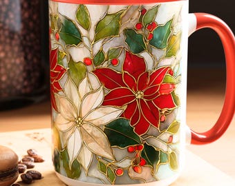 Christmas Mug  Poinsettia Holly Leaves Holiday-Stained Glass Effect Ceramic Cup, Festive Coffee  Winter Gift
