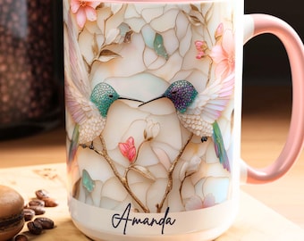 Personalized Hummingbird Mug, Stained Glass Style Floral Coffee Cup, Custom Mothers Day Gift