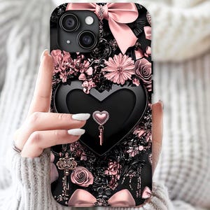 Funda para teléfono Bling Black Heart Pink Bows Mosaic, iPhone Samsung Pixel,