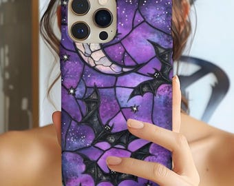 Gothic Celestial Phone Case, Purple Black Bats  Faux Stained Glass Design iPhone 17 Galaxy