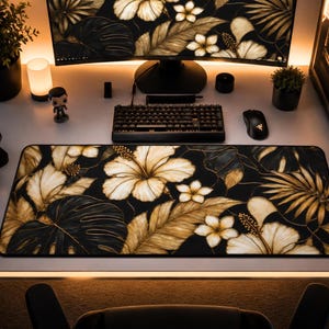Tropical Floral Desk Mat, Neutral Botanical Mouse Pad, Japandi Office Decor