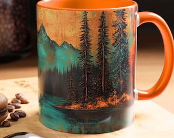 Rustic Mountain Cabin Coffee Mug: Pine Trees  Ceramic Cup (15oz)  Outdoorsy Adventure  Camp Lovers