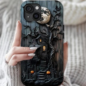 Black Wood Haunted House Phone Case  Faux Carved Pumpkins, Spooky Samsung  iPhone