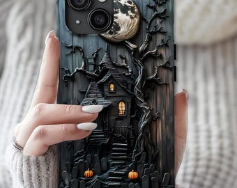 Black Wood Haunted House Phone Case  Faux Carved Pumpkins, Spooky Samsung  iPhone