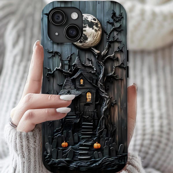 Black Wood Haunted House Phone Case  Faux Carved Pumpkins, Spooky Samsung  iPhone
