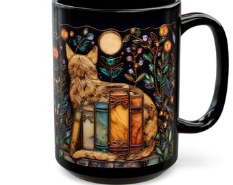 Celestial Cat Books Mug, Stained Glass Style Ceramic Cup  Moon Literary Gift Women, Coffee