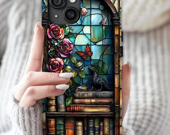 Bookish Dragon Phone Case Fantasy Bookshelf Faux Stained GlassiPhone Galaxy Pixel Book lover gift