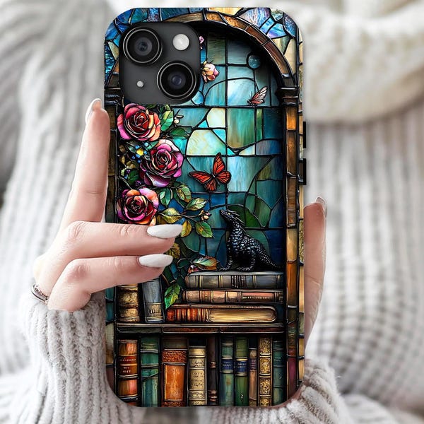 Funda para teléfono con diseño de dragón de libros, estantería de fantasía con vidrieras falsas, regalo para amantes de los libros para iPhone Galaxy Pixel