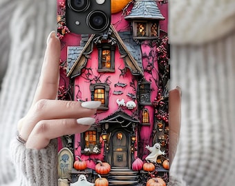 Spooky Haunted House Phone Case: Pink Goth Halloween Design Pixel Galaxy Horror Lover