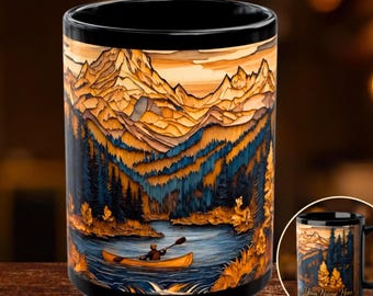 May include: A black ceramic mug featuring a wrap-around graphic of a person paddling a yellow canoe on a lake, surrounded by dark blue pine trees and tall, jagged orange-toned mountains under a sunset sky. The text reads Your Name Here.