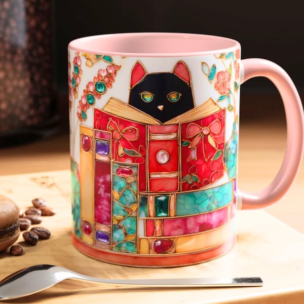 Kawaii Black Cat Mug, Spring Flower Coffee Cup, Floral Bookish Reading Gift