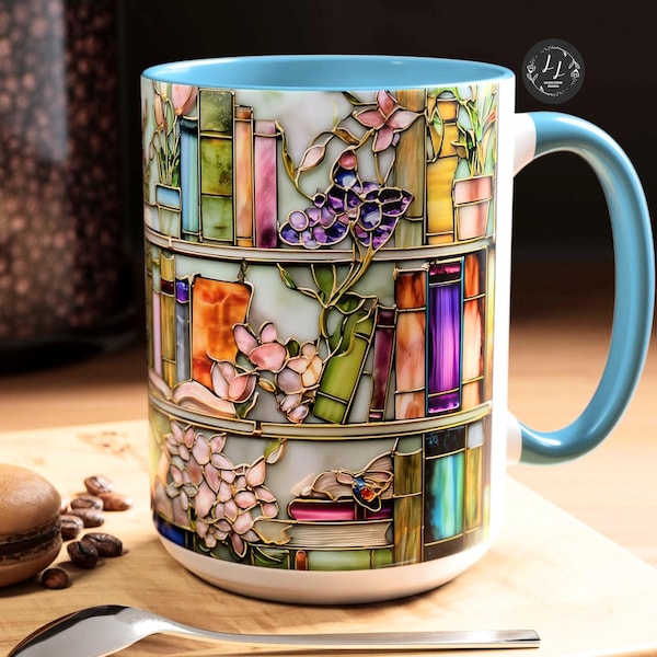 Floral Bookshelf Coffee Mug: Bookish  Stained Glass Style Ceramic Mug Book Lover gift